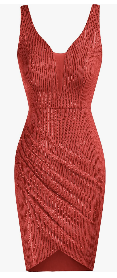 Women Deep V Neck Party Mini Dress U Back Sequin Irregular Hem Evening Dress